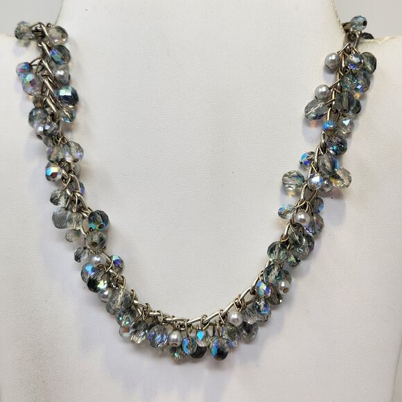 Aurora Borealis Ice Blue Glass Bead Chain Necklace Silver Tone Vintage Cluster - Picture 1 of 5